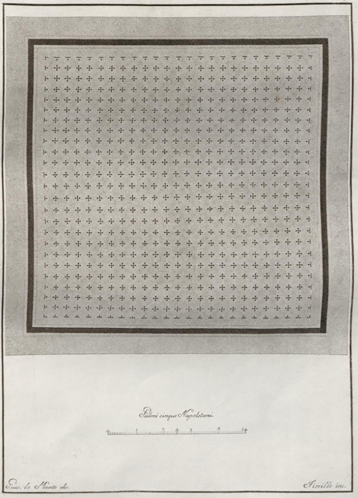 HGW24 Pompeii. Pre 1796. Drawing of mosaic flooring in courtyard preceding the baths.
(Villa Diomedes Project- area 5).
(Fontaine room Baths 3)
See Gli ornati delle pareti ed i pavimenti delle stanze dell'antica Pompei incisi in rame: 1796 pt.1 and Gli Ornati 1838.
According to Villa Diomedes Project, this mosaic was from area 5, the courtyard preceding the Baths area, see Villa Diomedes Part 1 on our website.
