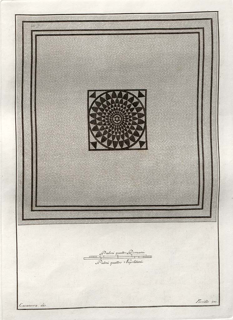 HGW24 Pompeii. Pre-1796. Drawing by Casanova of mosaic said to be from the Villa of Diomedes.
According to Villa Diomedes Project, this mosaic may be from the room on the upper floor with three windows – area 17 but could also be of uncertain provenance. 
(Villa Diomedes Project – area 17)
(Fontaine, room 2,12).
See Gli ornati delle pareti ed i pavimenti delle stanze dell'antica Pompei incisi in rame: 1838, and in Gli ornati, 1796, pt.1.

