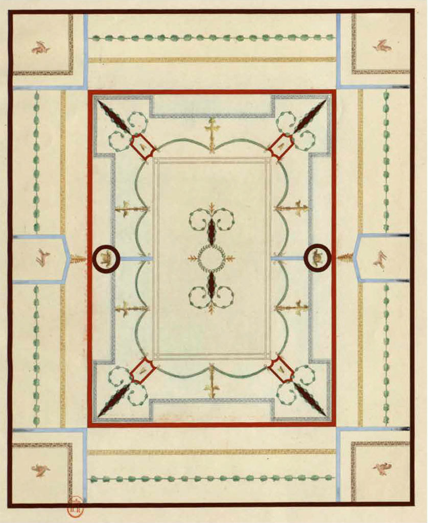 HGW24 Pompeii. Undated drawing of painted ceiling of one of the rooms on the east side of the garden area, by Raoul Rochette.
[Fontaine room 5.10?]
