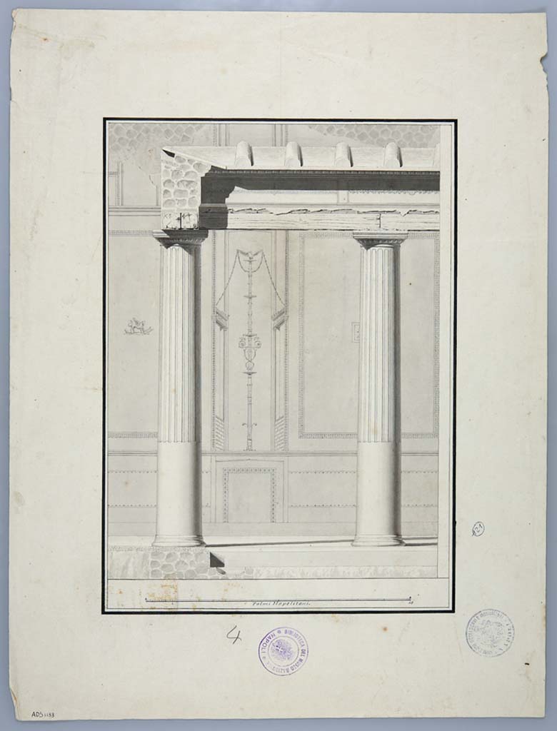 HGW24 Pompeii. La Vega drawing of wall decoration of peristyle wall as described in PAH,1, p.264 (1772).
In the panel on the left, a griffin with the lyre of Apollo is shown.
Now in Naples Archaeological Museum. Inventory number ADS 1133.
Photo © ICCD. http://www.catalogo.beniculturali.it
Utilizzabili alle condizioni della licenza Attribuzione - Non commerciale - Condividi allo stesso modo 2.5 Italia (CC BY-NC-SA 2.5 IT)