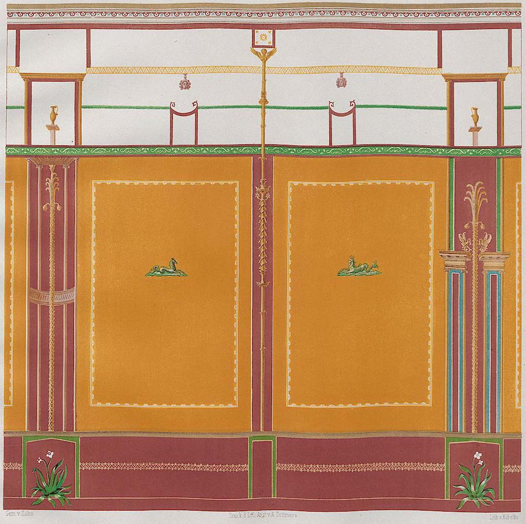 HGW24 Pompeii. Pre December 1858.
Painting by Zahn of decoration of a portion of the short west or south walls of the small courtyard of the baths.
See Zahn, W., 1852-59. Die schönsten Ornamente und merkwürdigsten Gemälde aus Pompeji, Herkulanum und Stabiae: III. Berlin: Reimer, taf. 89.
(Villa Diomedes Project- area 5)
(Fontaine, Baths 3, this is showing the decoration from the south and west wall.