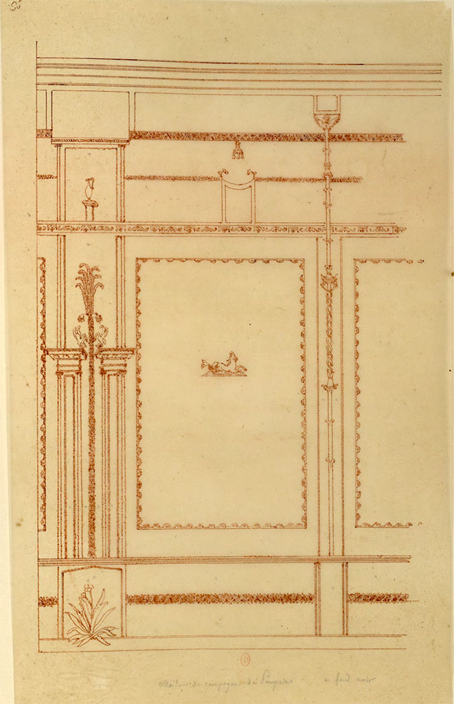 HGW24 Pompeii. Mai 1823? Sketch by Chenavard of wall decoration on a black background, of the small courtyard of the baths.
See Chenavard, Antoine-Marie (1787-1883) et al. Voyage d'Italie, croquis Tome 3, pl. 92.
INHA Identifiant numérique : NUM MS 703 (3). See Book on INHA
Document placé sous « Licence Ouverte / Open Licence » Etalab
(Fontaine, Baths 3).