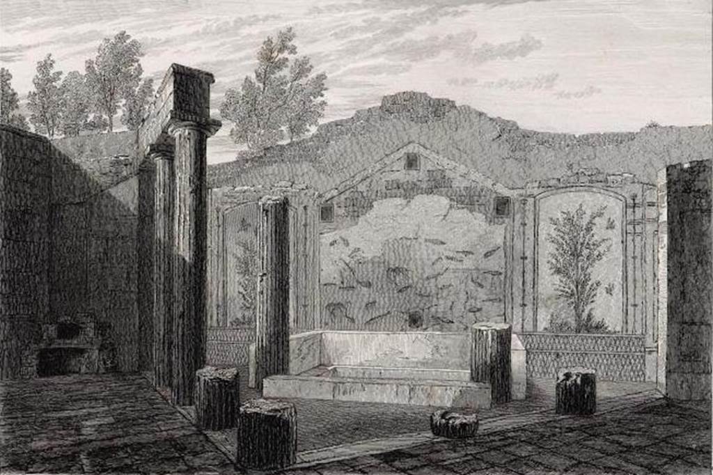 HGW24 Pompeii. 1817. Drawing of baths complex.
On the original print it says “Drawn by Major Cockburn and engraved by W. B. Cooke, on July 1, 1826.”
Cockburn visited Pompeii in 1816, 1817 and 1818.
Delineations of the City of Pompeii; Engraved by W. B. Cooke from accurate drawings made in the year 1817 by Major Cockburn of the Royal Artillery was published in 1818. A second edition "Pompeii illistrated" was produced in 1827.
Photo courtesy of Rick Bauer.
According to Jashemski, above the pool for cool baths was a painting of blue water filled with sea animals.
On each side of the painting there was a painting of a window looking into a garden.
Jashemski quoted Dyer as saying that the circular broken space in the middle of the wall would have been where a mask was attached.
Through the mask, the water would have gushed into the pool below.
Both the courtyard and portico floor were paved with black and white mosaic.
See Jashemski, W. F., 1993. The Gardens of Pompeii, Volume II: Appendices. New York: Caratzas. (p.280)
See Dyer, T., 1868. Pompeii: its history. Buildings and antiquities. London: Bell & Dandy. (p.486).