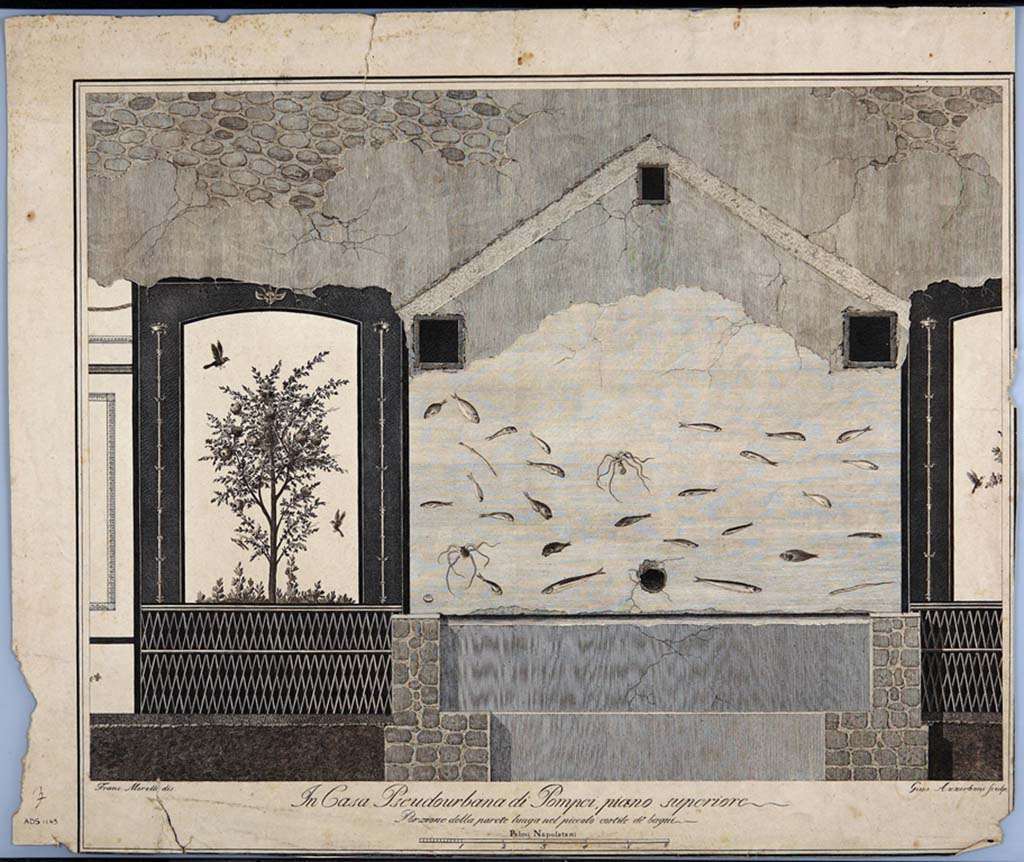 HGW24 Pompeii. Decoration of the courtyard preceding the baths by F. Morelli. It was known under the name of “Wall of the Fishes”
See Gli Ornati delle Pareti ed I Pavimenti delle Stanze dell’Antica Pompei, 1838, (No.9)
Now in Naples Archaeological Museum. Inventory number ADS 1143.
Photo © ICCD. https://www.catalogo.beniculturali.it
Utilizzabili alle condizioni della licenza Attribuzione - Non commerciale - Condividi allo stesso modo 2.5 Italia (CC BY-NC-SA 2.5 IT)
