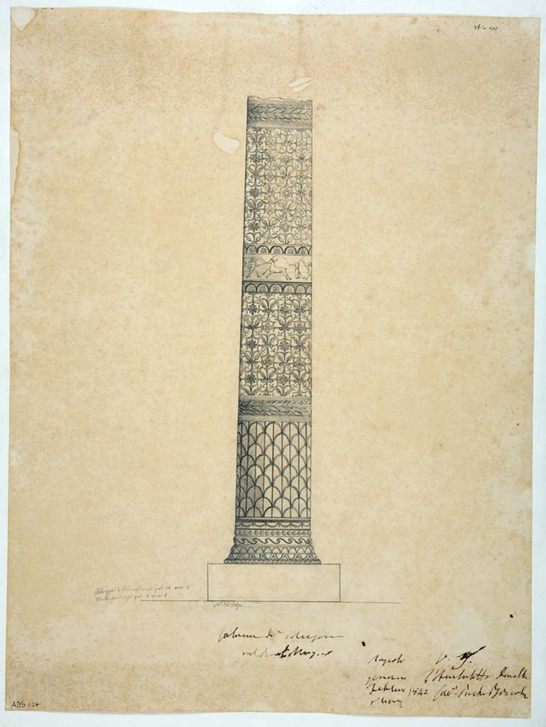 HGE12 Villa of the Mosaic Columns. 1842 drawing by N. La Volpe of the frieze on one of the mosaic columns.
According to the ICCD database, the drawing depicts a column decorated with mosaic motifs with scales in the lower third, a headband with garland of leaves, floral motifs in the middle third, and a frieze with cupids hunting, and floral motifs in the upper third topped with a headband of a garland of leaves. It is one of the mosaic columns coming from the Villa of the mosaic columns of Pompeii, now preserved in the National Archaeological Museum of Naples (Inventory numbers. 9995-9996, 10000-10001).
Drawing now in Naples Archaeological Museum. Inventory number ADS1124.
Photo  ICCD. http://www.catalogo.beniculturali.it
Utilizzabili alle condizioni della licenza Attribuzione - Non commerciale - Condividi allo stesso modo 2.5 Italia (CC BY-NC-SA 2.5 IT)
