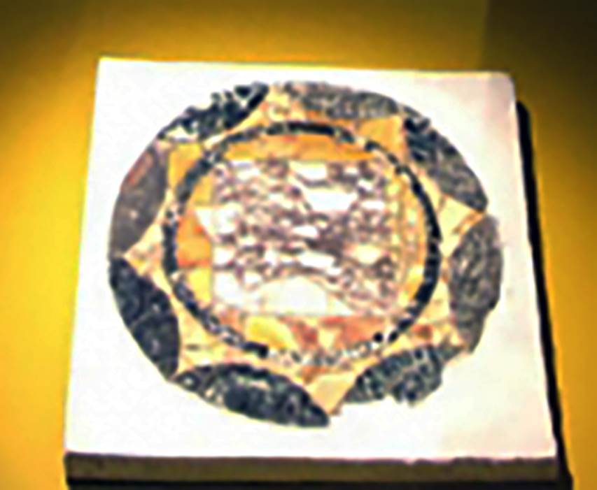 Villa San Marco, Stabiae. Room 16, round section of opus sectile floor tile.
Stabia Antiquarium, inventory number 63778.
According to Bonifacio, this is the same as tile 62545 but with a different design.
The tiles were made from shaped marble pieces of various colours and textures, assembled, cut and polished to compose a variety of geometric designs. 
Floors of this type being quite costly, were reserved for the most important rooms of a villa.
See Guzzo P., Bonifacio G. and Sodo A.M. (a cura di), 2007. Otium Ludens: Stabiae - at the heart of the Roman empire. Hermitage Museum. Stabia: Nicola Longobardi, p. 129.
