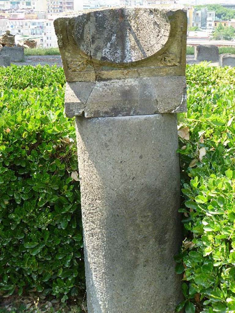 Villa San Marco, Stabiae, July 2010. Area 66, sundial in peristyle garden. Photo courtesy of Michael Binns.
According to Jashemski, this second large peristyle garden had only been partially excavated.
She thought the colonnade of the peristyle continued towards the north.
She thought that this part of the peristyle was destroyed in antiquity when the ledge on which it was built fell down.
The portico, supported by stuccoed columns the upper parts of which were spirally fluted, contained an art gallery of unusual paintings.
These were badly damaged by the 1980 earthquake.
The root cavities of two trees were found, one near the sundial in the north part of the garden.
See Jashemski, W. F., 1993. The Gardens of Pompeii, Volume II: Appendices. New York: Caratzas, (p. 306).