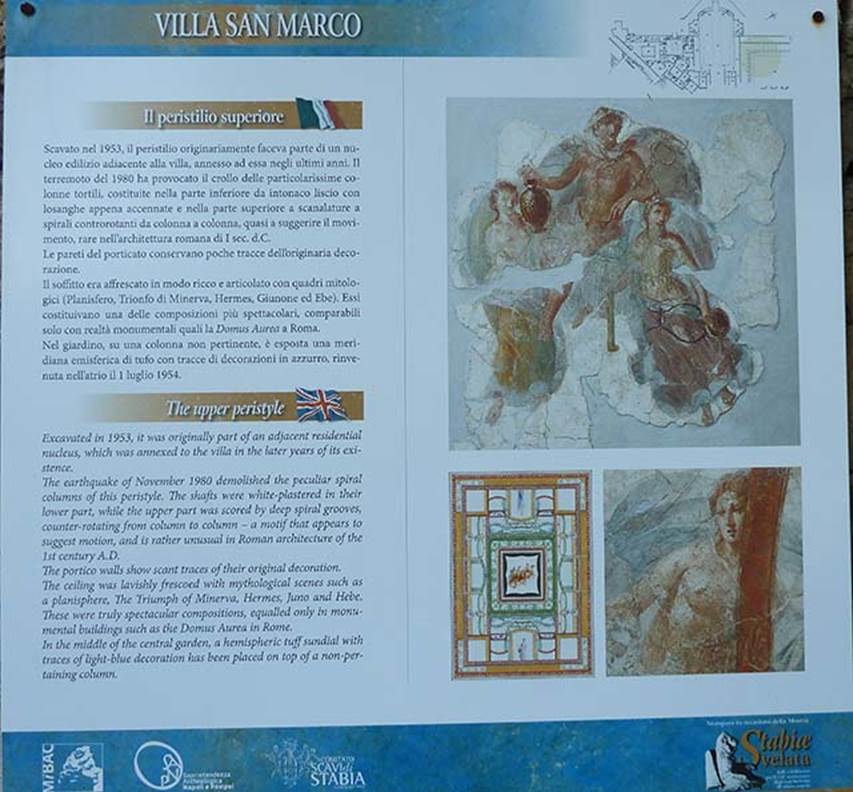 Villa San Marco, Stabiae, September 2015. Portico 1-2, description of original ceiling decoration, from Soprintendenza description board in villa.
The portico ceiling was lavishly frescoed with mythological scenes such as a planisphere, the triumph of Minerva, Hermes, Juno and Hebe.
These were truly spectacular compositions, equalled only in monumental buildings such as the Domus Aurea in Rome.