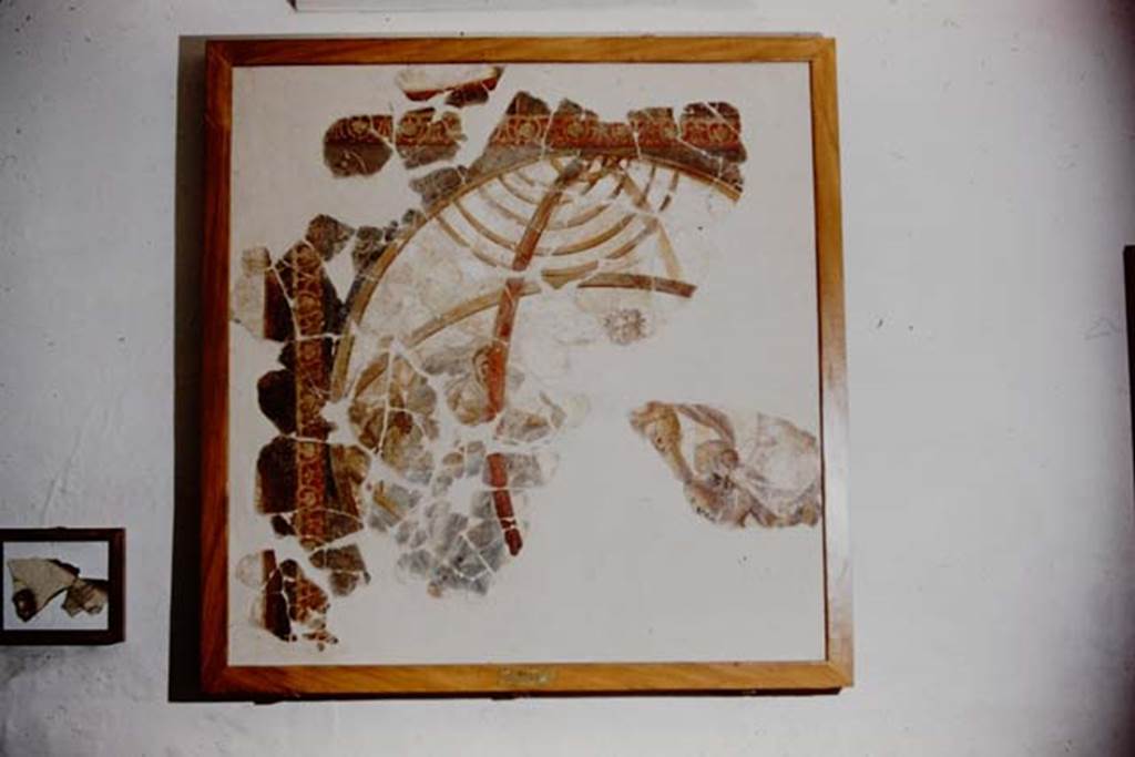 Villa San Marco, Stabiae, 1961.
Area 66, garden peristyle area. Portico 1, central part of the ceiling with armillary sphere.
Photo by Stanley A. Jashemski.
Source: The Wilhelmina and Stanley A. Jashemski archive in the University of Maryland Library, Special Collections (See collection page) and made available under the Creative Commons Attribution-Non Commercial License v.4. See Licence and use details.
J61f0571
Stabia Antiquarium inventory number 62525.