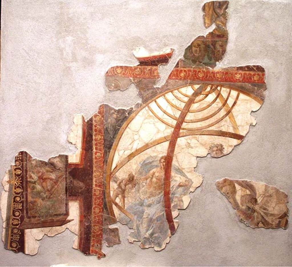 Villa San Marco, Stabiae, 2004. Area 66, garden peristyle area.
Portico 1, central part of the ceiling with armillary sphere. Note the still life is now attached to the left side.
Stabia Antiquarium inventory number 62525.
Photo courtesy of Mentnafunangann - See photo on Wikimedia Commons
Use governed by Creative Commons Share Alike licence see CC BY-SA 3.0