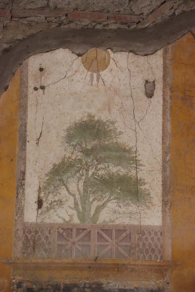 Villa San Marco, Stabiae, September 2019.
Portico 20, east wall of portico, detail of panel at north-east end. Photo courtesy of Klaus Heese.