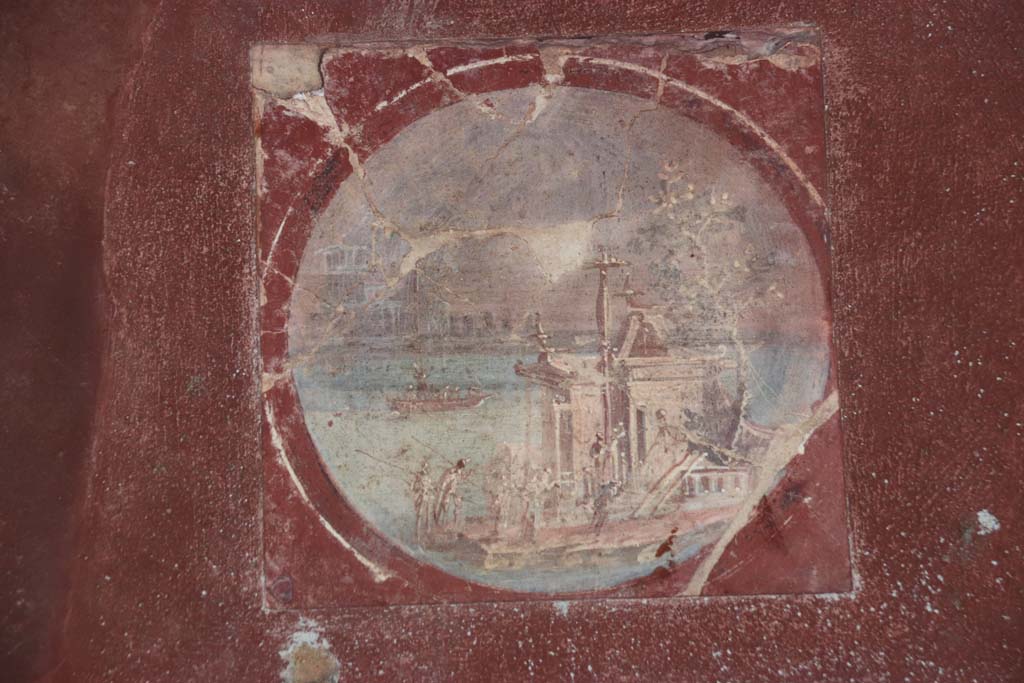 Villa San Marco, Stabiae, September 2019. Room 20, east wall, reproduction of a maritime scene. Photo courtesy of Klaus Heese.
(original now in Naples Archaeological Museum, inventory number 9409D.)