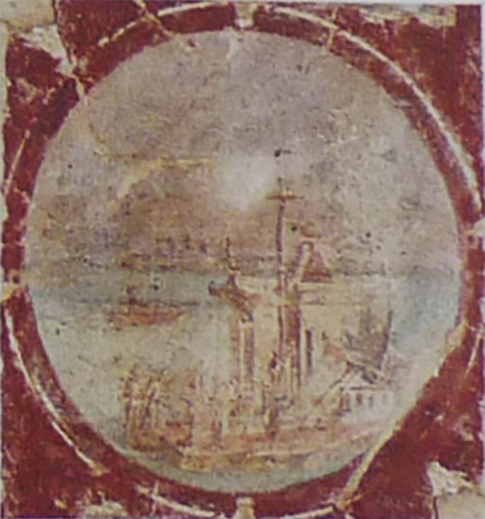 Villa San Marco, Stabiae. Room 20, east wall.
One of the medallions now in Naples Archaeological Museum, part of inventory number 9409.