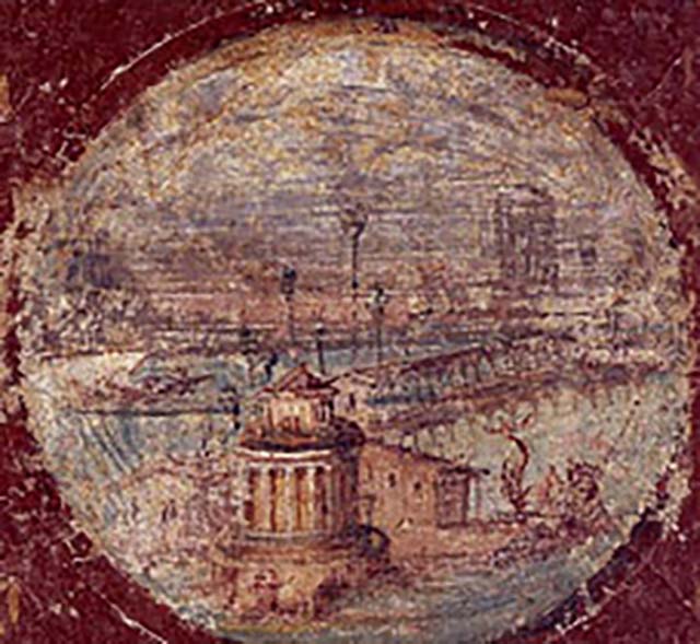 Villa San Marco, Stabiae. Room 20, east wall.
One of the medallions now in Naples Archaeological Museum, part of inventory number 9409.