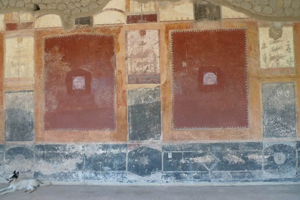 Castellammare di Stabia, Villa San Marco, July 2010. Room 20, east wall of portico. The reproduction fresco (centre) has a head of Medusa (upper) a tree and a Nile scene (lower) with a temple on a podium, two statues of crocodiles and two men and a mule which a crocodile is approaching. This replaces one now in Naples Archaeological Museum, inventory number 8512. The reproduction medallion of a maritime scene (left) replaces one now in Naples Archaeological Museum, inventory number 9408B. The reproduction medallion of a maritime scene (right) replaces one now in Naples Archaeological Museum, inventory number 9408C. Photo courtesy of Michael Binns.