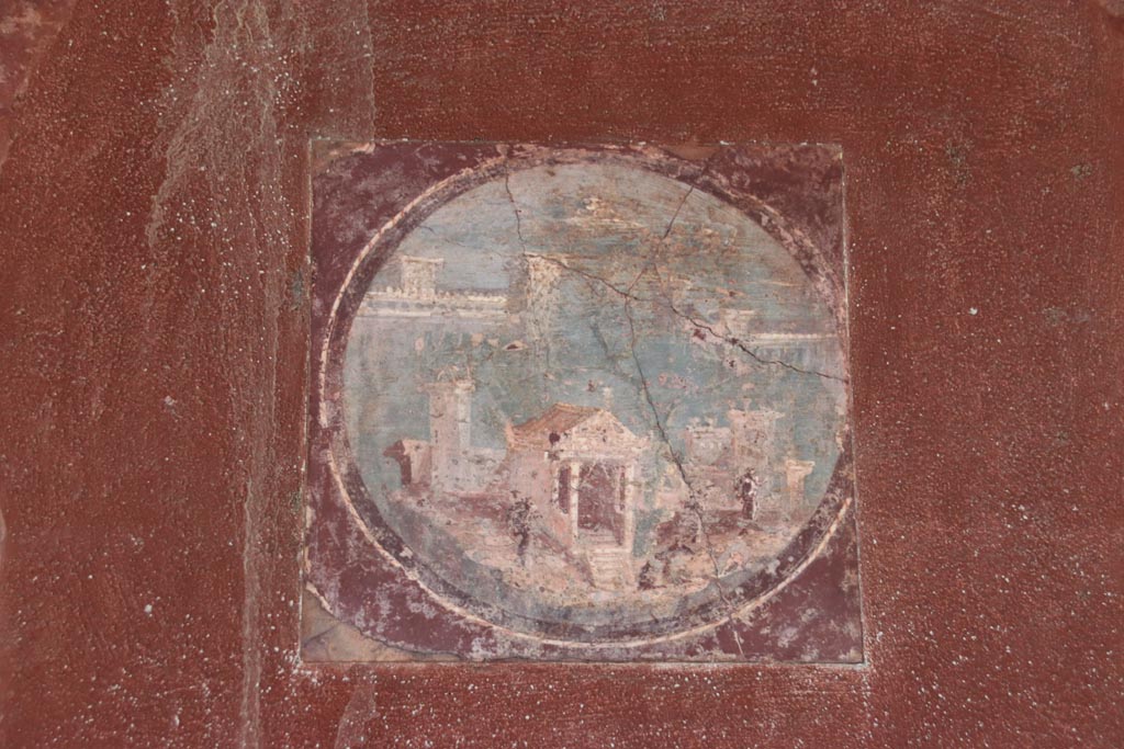 Villa San Marco, October 2022.
Room 20, reproduction of medallion from east wall, (to the left in the above photo). Photo courtesy of Klaus Heese.
(original now in Naples Archaeological Museum, inventory number 9408B.)