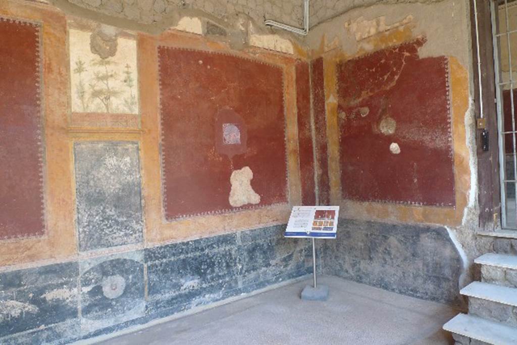 Castellammare di Stabia, Villa San Marco, July 2010. Room 20, south-east corner of east portico, with steps to room 30. The reproduction medallion of a maritime scene (left) replaces one now in Naples Archaeological Museum, inventory number 9408D. Photo courtesy of Michael Binns.