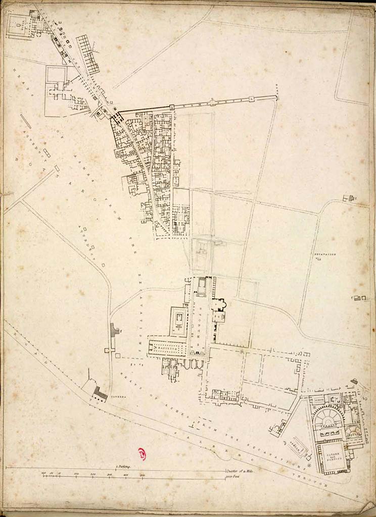 Via Consolare. Plan, pre c.1819, showing western side of Pompeii, as excavated. 
Via Consolare is the road running from the top left-hand corner.
According to this plan, the excavated areas included Villa of Diomedes and Cicero on Via dei Sepulcri leading to the Herculaneum Gate.
Insula Occidentalis (VI.17) properties from VI.17.1 to VI.17.36, at the junction with Vicolo dei Farmacista.
Insula VI.1, VI.2, VI.3, part of VI.5, and House of Pansa in VI.6.
See Gell, W. Pompeii unpublished [Dessins de l'édition de 1832 donnant le résultat des fouilles post 1819 (?)] vol II, pl. 43.
Bibliothèque de l'Institut National d'Histoire de l'Art, collections Jacques Doucet, Identifiant numérique Num MS180 (2).
See book in INHA Use Etalab Licence Ouverte
