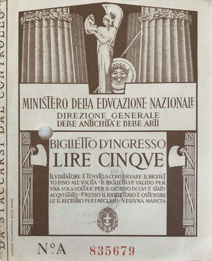 Pompeii, 30 March 1937 Porta Nola ticket. Front of ticket. 5 Lire.
Photo courtesy of Rick Bauer.  
