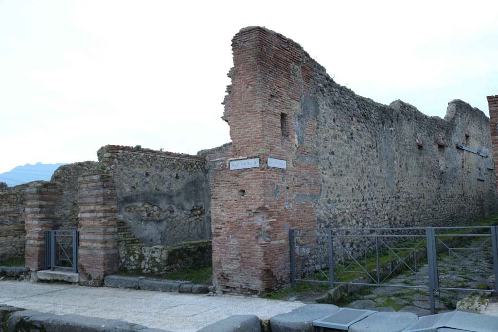 Via Stabiana, west side, Pompeii. December 2018. 
Looking towards junction with Vicolo del Panettiere, on right, with VII.2.14 and 15, on left. . Photo courtesy of Aude Durand.
