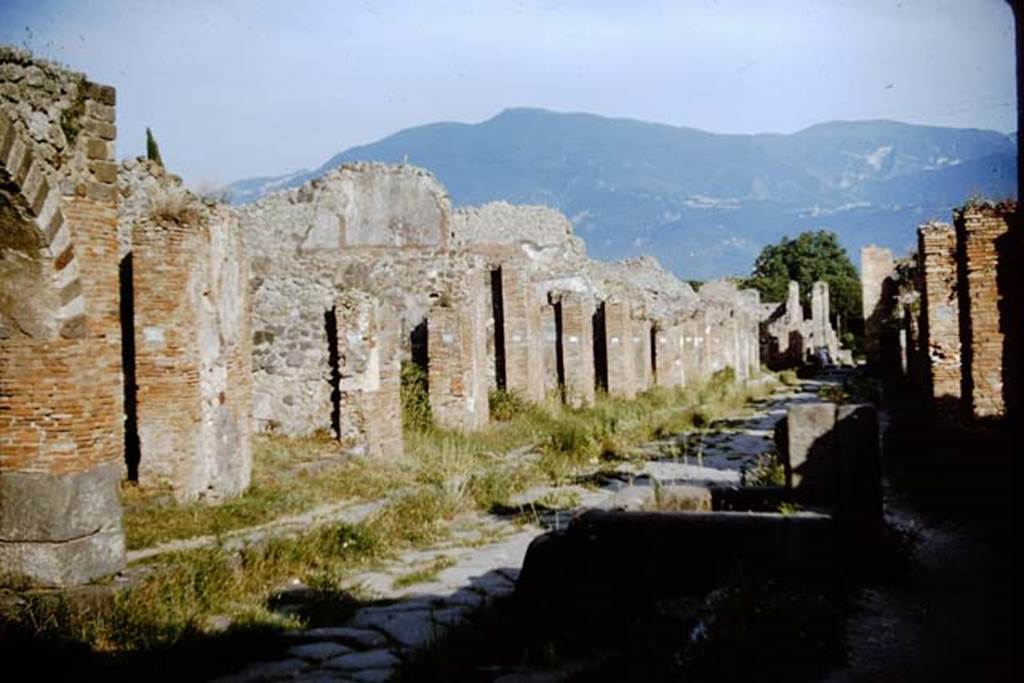 Via Stabiana, east side of IX.2, between IX.2 and VII.1. Pompeii. 1964. Looking south from VII.1.32. Photo by Stanley A. Jashemski.
Source: The Wilhelmina and Stanley A. Jashemski archive in the University of Maryland Library, Special Collections (See collection page) and made available under the Creative Commons Attribution-Non Commercial License v.4. See Licence and use details.
J64f1332