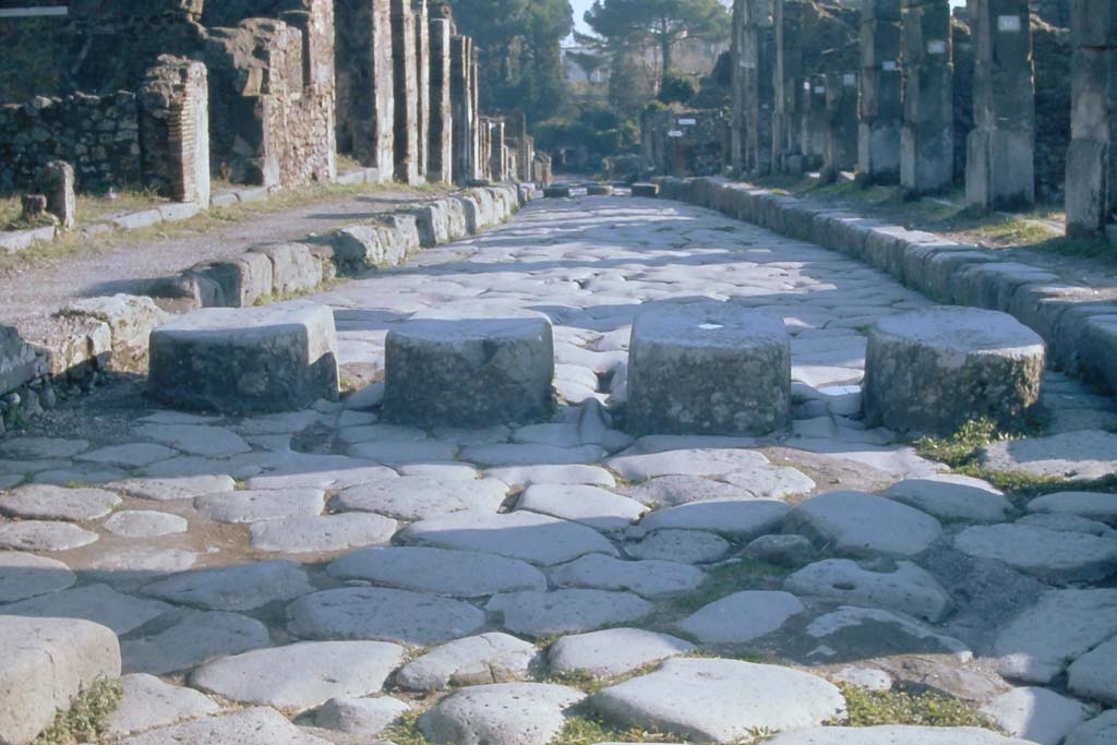 Via Stabiana, 4th December 1971. Looking south between I.4 and VIII.4, with detail of lava roadway and stepping stones.
Photo courtesy of Rick Bauer, from Dr. George Fay’s slides collection.