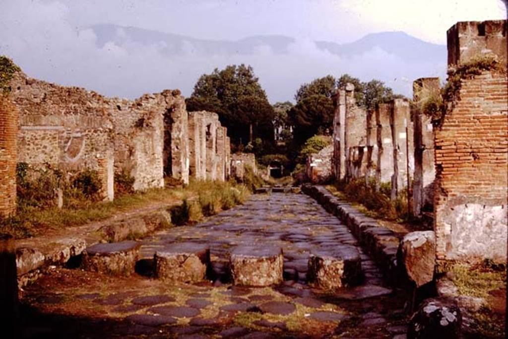 Via Stabiana, Pompeii. 1964. Looking south from Holconius crossroads between I.4 and VIII.4. Photo by Stanley A. Jashemski.
Source: The Wilhelmina and Stanley A. Jashemski archive in the University of Maryland Library, Special Collections (See collection page) and made available under the Creative Commons Attribution-Non Commercial License v.4. See Licence and use details.
J64f1019