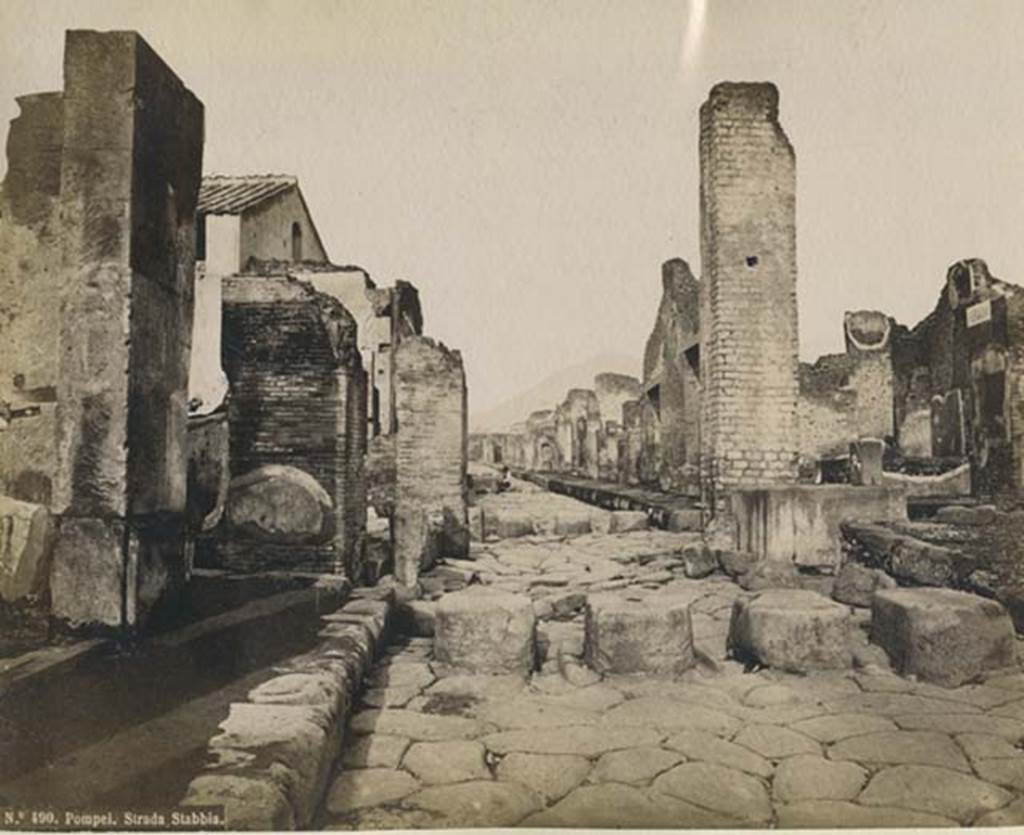Via Stabiana. Undated photograph by Rive, numbered 490. Looking north at Holconius’ crossroads, from between VIII.4 and I.4. Photo courtesy of Rick Bauer.