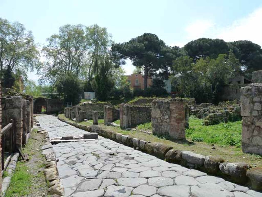 Via Stabiana, west side, May 2010. Looking south towards Stabian Gate, along VIII.7.1-15, on right.