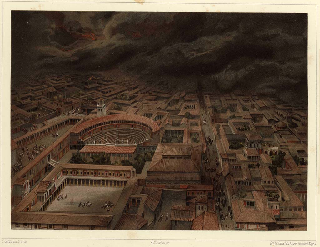 Via Stabiana, Pompeii, centre right.
Restoration painting by Niccolini, looking north between VIII.7, on left, and I.2, on right, at the time of the eruption.
See Niccolini F, 1896. Le case ed i monumenti di Pompei: Volume Quarto. Napoli, 2, Saggi di restauro, tav. XXI (21).