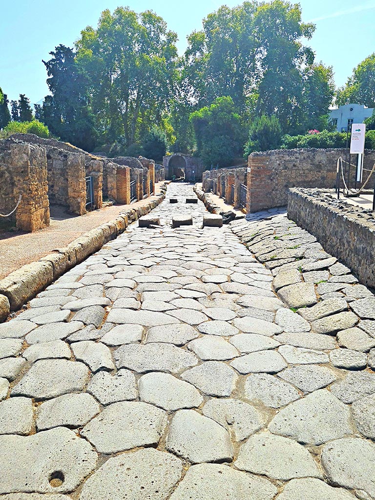Via Stabiana, Pompeii. September 2024.
Looking south from between I.2 and VIII.7. Photo courtesy of Giuseppe Ciaramella.