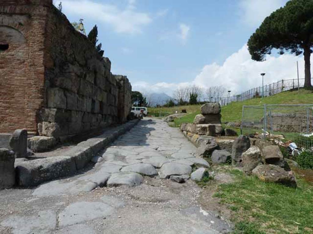 Via del Vesuvio, west side, May 2010.  Looking north past the water tower to the remains of the Vesuvius Gate.