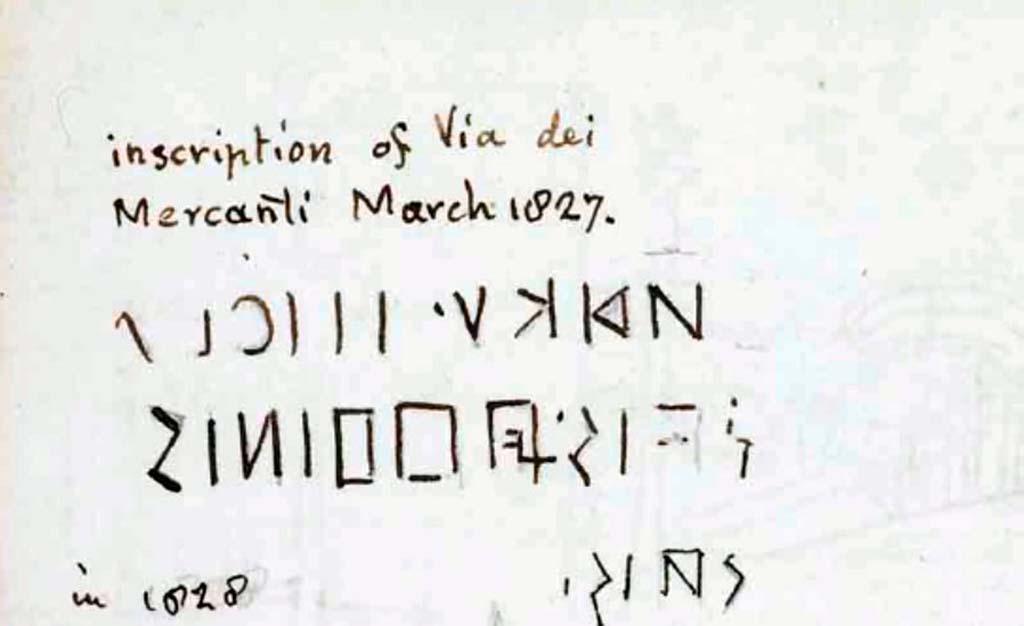 VIII.3.2 Pompeii. Drawing by Gell of same inscription in Via dei Mercanti (Via dell’Abbondanza), March 1827.
See Gell, W. Sketchbook of Pompeii, c.1830.
See book from Van Der Poel Campanian Collection on Getty website http://hdl.handle.net/10020/2002m16b425