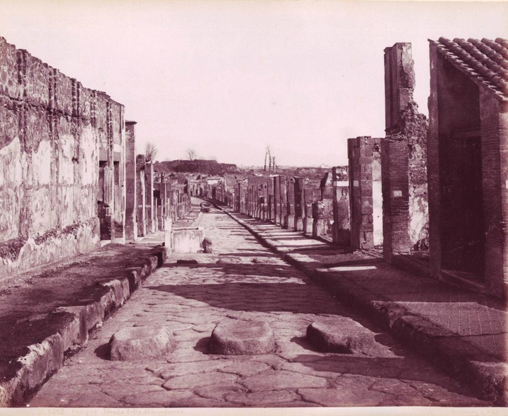 Via dell’Abbondanza, Pompeii. Looking east from near VIII.3.8, on right, and VII.9.1 Eumachia’s Building, on left.
Photograph No. 1262, by Giorgio Sommer (1834-1914). Public domain, via Wikimedia Commons.