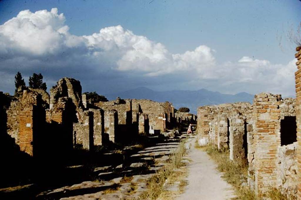 Via della Fortuna. 1959. Looking east along Via della Fortuna to the crossroads, and continuation on Via di Nola, ahead.  Photo by Stanley A. Jashemski.
Source: The Wilhelmina and Stanley A. Jashemski archive in the University of Maryland Library, Special Collections (See collection page) and made available under the Creative Commons Attribution-Non Commercial License v.4. See Licence and use details.
J59f0601
