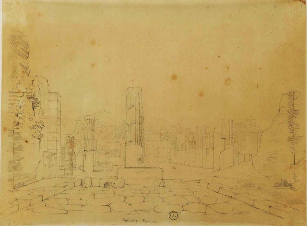 Via delle Scuole, Pompeii. Sketch, looking north towards fountain and Forum, from north end of Via delle Scuole.
See Lesueur, Jean-Baptiste Ciceron. Voyage en Italie de Jean-Baptiste Ciceron Lesueur (1794-1883), pl. 74.
See Book on INHA reference INHA NUM PC 15469 (04) « Licence Ouverte / Open Licence » Etalab
