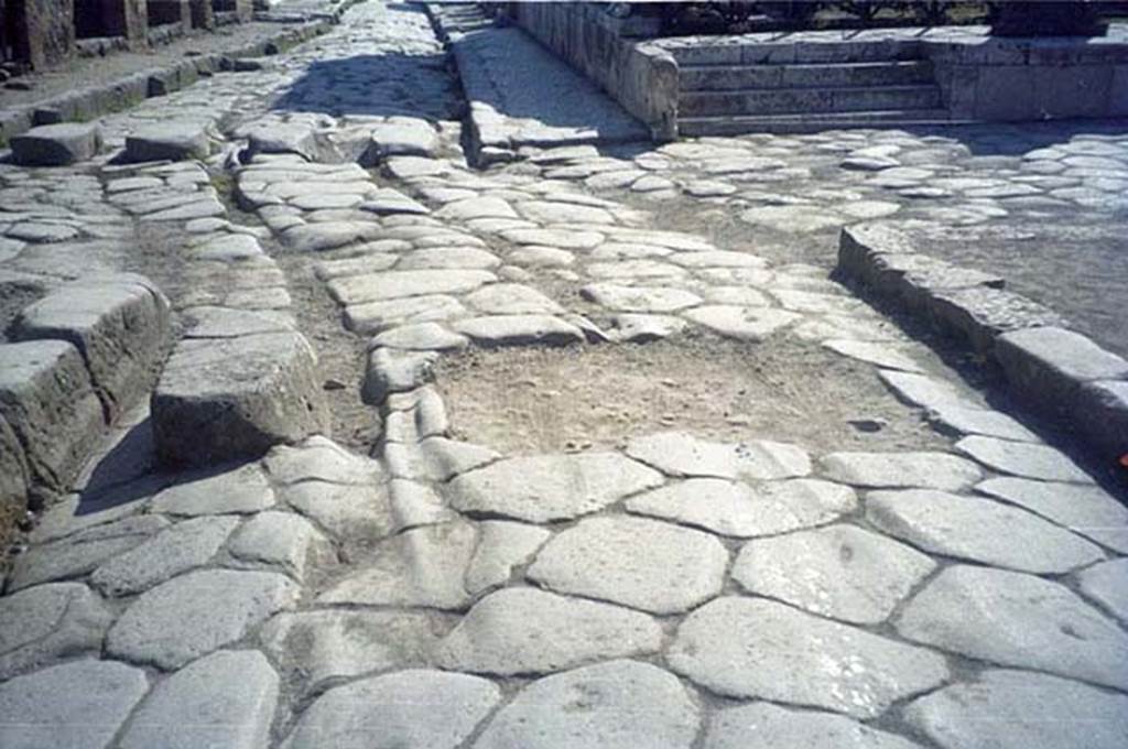 Via delle Terme. July 2011. Looking east towards crossroads with Via di Mercurio, on left, Via della Fortuna, ahead and Via del Foro, on right. Photo courtesy of Rick Bauer.
