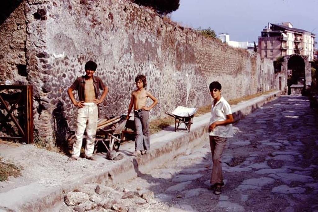 Via di Nocera, east side, Pompeii, 1973. Looking south from near II.8.6. Photo by Stanley A. Jashemski. 
Source: The Wilhelmina and Stanley A. Jashemski archive in the University of Maryland Library, Special Collections (See collection page) and made available under the Creative Commons Attribution-Non Commercial License v.4. See Licence and use details. J73f0208

