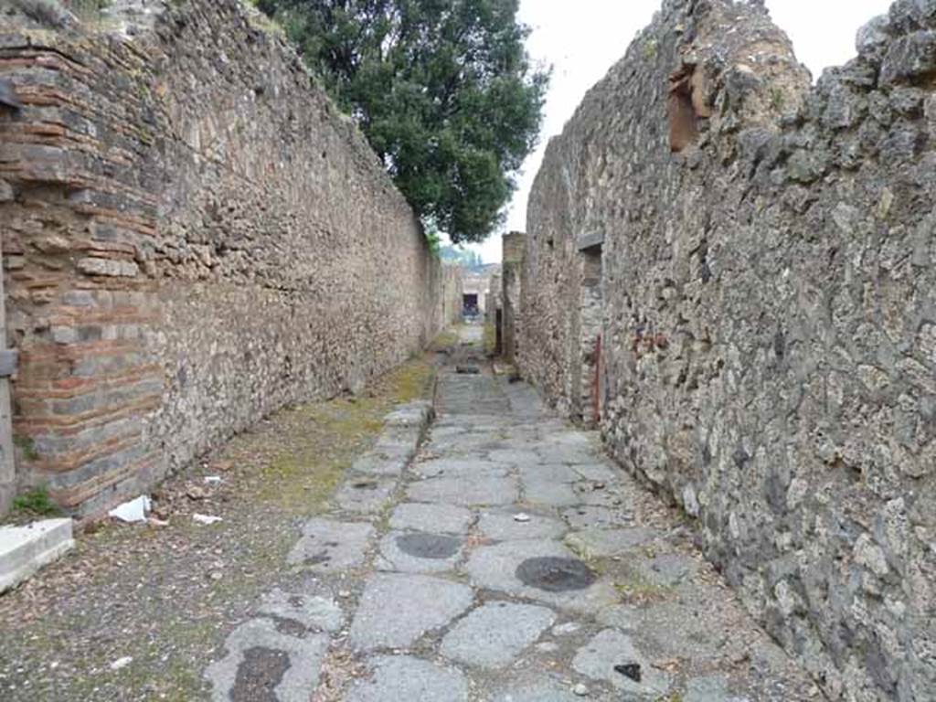 Vicolo dei Dodici Dei. May 2010.  Looking north between VIII.3 and VIII.6.