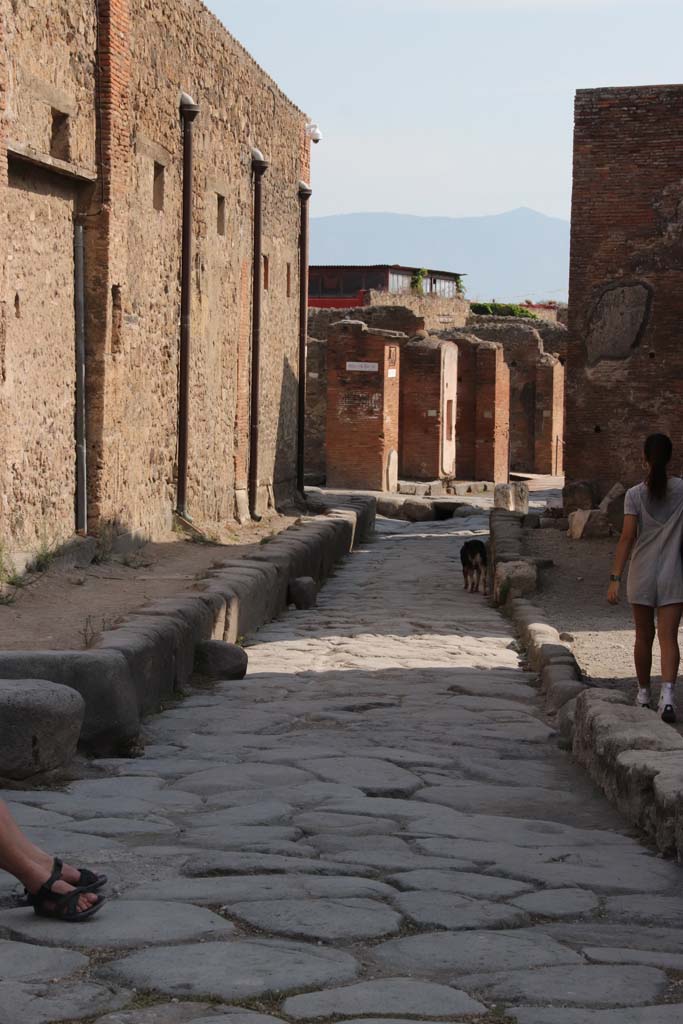 Vicolo dei Soprastanti, September 2021.
Looking east between VII.5 and VII.8, towards junction with Via del Foro. Photo courtesy of Klaus Heese.