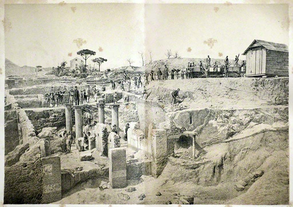 Vicolo del Conciapelle, north side, Pompeii. View of the excavations at Pompeii in May 1873.
Looking towards entrance doorways of I.2.29, on left, and I.2.28, in centre, and I.2.27 right with support during excavation.
See Overbeck J., 1875. Pompeji in seinen Gebuden, Alterthmen und Kunstwerken. Leipzig: Engelmann, p. 34.
