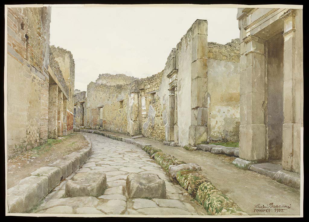Vicolo del Lupanare, Pompeii, 1902. Watercolour by Luigi Bazzani, looking north between VII.11 and VII.1.
Photo © Victoria and Albert Museum. Inventory number 1816-1904.