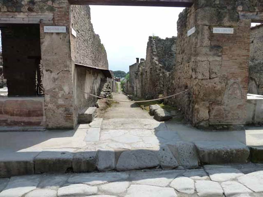 Via dellAbbondanza. May 2010. Looking south along Vicolo dellEfebo, between I.8 and I.7.