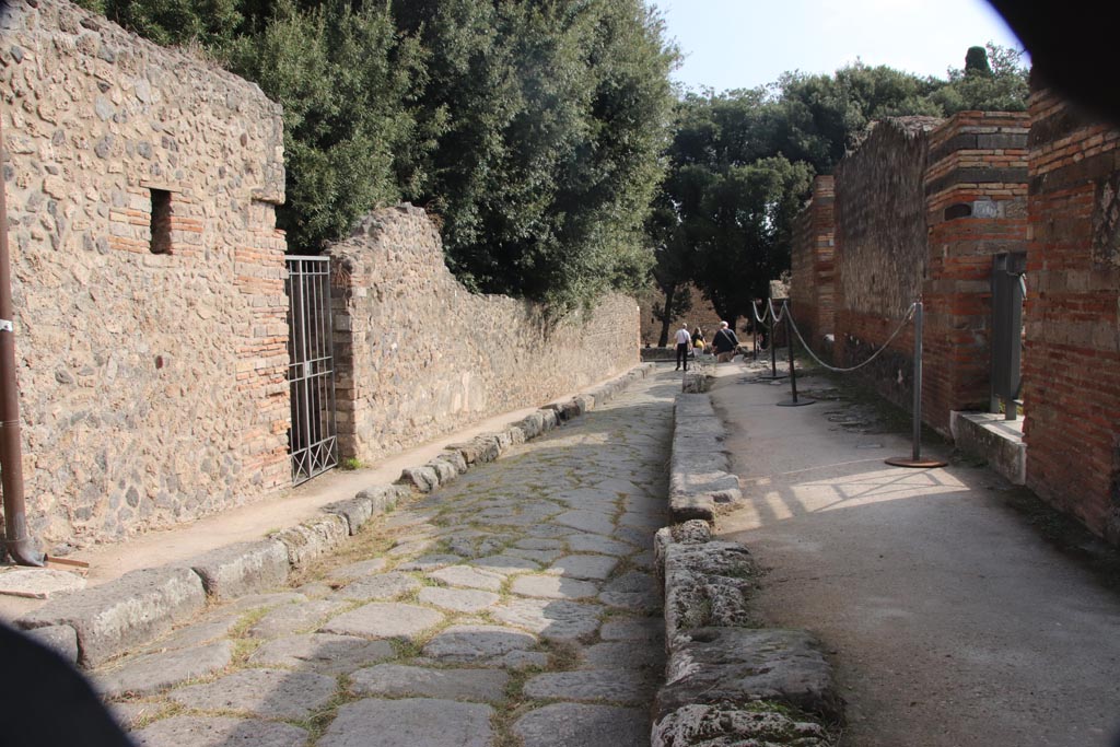 Vicolo della Regina, Pompeii. October 2023. Looking east between VIII.6.5 on left, and VIII.2.36 on right. Photo courtesy of Klaus Heese.

