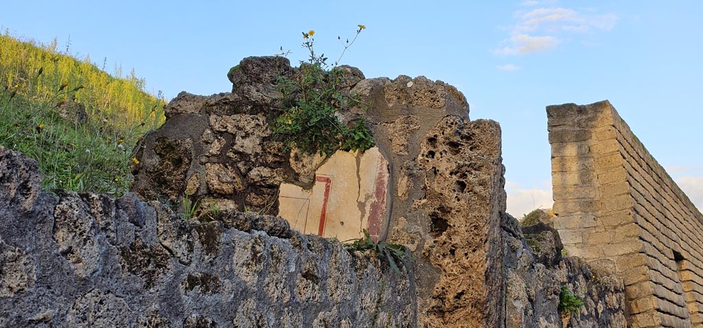 Vicolo delle Nozze d’Argento, north side. December 2023. Detail of remaining painted stucco. Photo courtesy of Miriam Colomer.