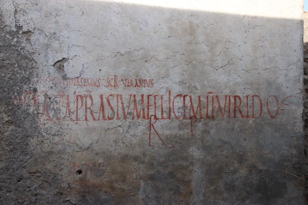 Vicolo dei Balconi, Pompeii. October 2022.
Painted inscription on east side of roadway, between entrance doorways B6 and B7, opposite the Casa di Orione in V.2.
Photo courtesy of Klaus Heese.