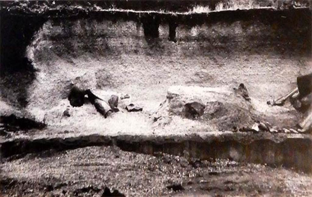 Santuario extraurbano del Fondo Iozzino. May 2018. Excavation photo from 1960 showing depth of lapilli at temple,.
Detail from photo courtesy of Buzz Ferebee.
