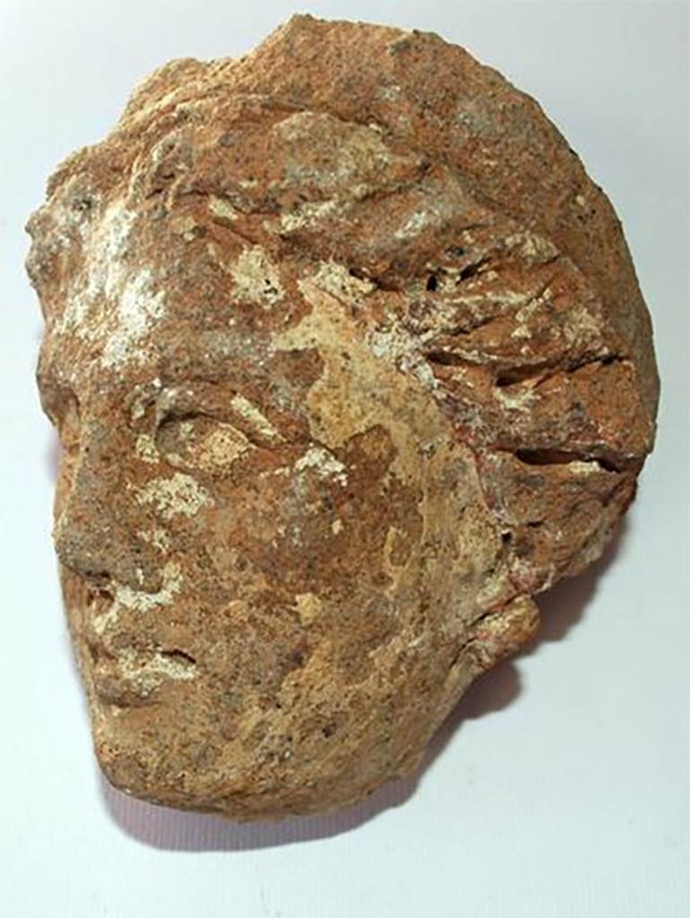 Sanctuary of Minerva Italica adjacent to the west side of Pompeii. 2014.
Female terracotta head.
The most important of such findings is a small female head, with obvious gaps at the height of the neck and traces of white covering as preparation of a pictorial layer. The head has a small crown on the top of the hair made with a well molded central clot, elements that make it lean for a plastic interpretation of deity.
The head has a small crown on the top of the hair rendered with a well formed central parting, elements that make it incline to the model interpretation of divinity.
Santuario di Minerva Italica adiacente al lato ovest di Pompei. 2014.
Testa femminile di terracotta
Il più importante di tali rinvenimenti è una piccola testa femminile, con evidenti lacune all’altezza del collo e tracce di ingobbiatura biancastra quale preparazione di uno strato pittorico. La testa presenta una piccola corona sulla cima dei capelli resi con una ben modellata scriminatura centrale, elementi questi che ne fanno propendere per un interpretazione plastica di divinità.
Photograph © Parco Archeologico di Pompei.
See Grimaldi M., 2014. Pompei Vol. II: La casa di Marco Fabio Rufo. Napoli: Valtrend, p. 79, p. 80 fig. 1.