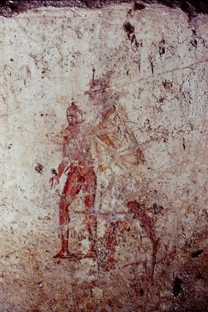 Santa Maria Capua Vetere, Mithraeum. 1974. Initiation painting of the initiate and his teacher, located on front of benches.
Photo by Stanley A. Jashemski.   
Source: The Wilhelmina and Stanley A. Jashemski archive in the University of Maryland Library, Special Collections (See collection page) and made available under the Creative Commons Attribution-Non Commercial License v.4. See Licence and use details.
J74f0584
