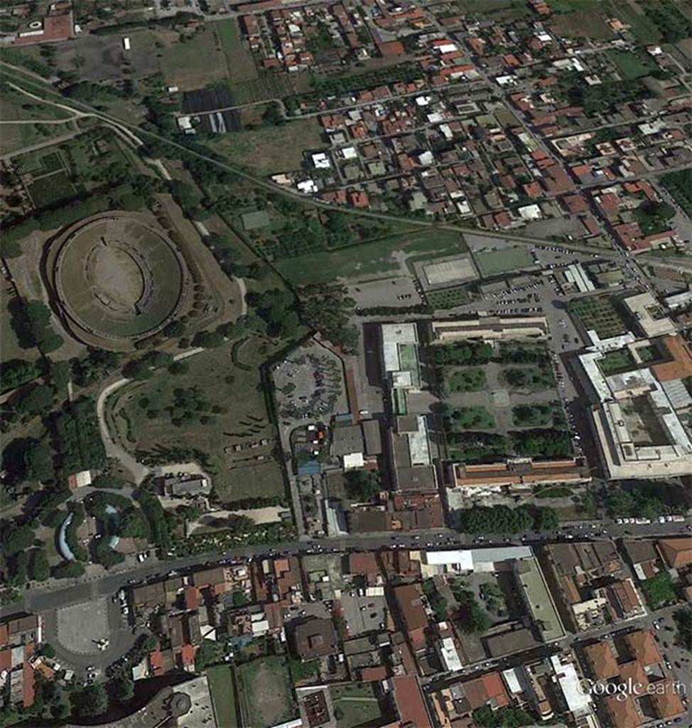 Pompeii, Tombe del Fondo Prelatura. 2012 photo  courtesy of Google Earth.
In 1952 five tombs were discovered during the construction of buildings for the Prelatura di Pompei. This showed that tomb monuments continued to front the road from Porta Nocera, through Fondo Pacifico to Fondo Prelatura.
See Stefani G., 1998. Pompei oltre la vita: Nuove testimonianze dalle necropoli, p. 92.

